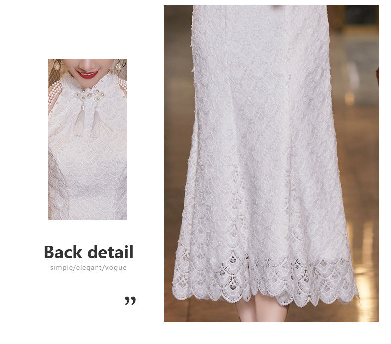 New Chinese Style Registration Slim White Dress Autumn and Winter Improvement Young Cheongsam Engagement Bride Lace Fishtail Dress