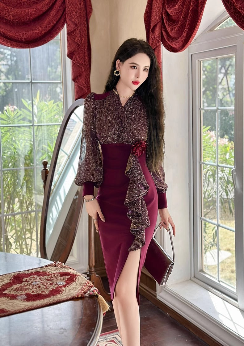 New Fall Women's Clothing Slim Fit Slimming Long Sleeves Dress Elegant High Sense Light Luxury Minority Red Engagement Dress