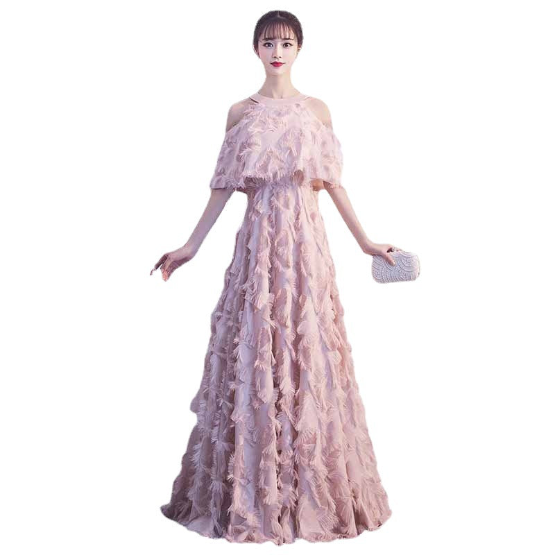 Halter Banquet Evening Dress Dress Women's 2024 Autumn New Elegant Long Slimming Solo Art Exam Pink Bridesmaid