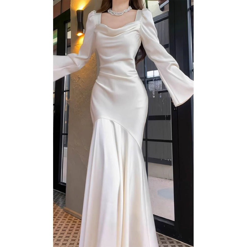 French Style Long Sleeve Fishtail Dress Early Spring High-End Satin Collar White Dress Engagement Dress Wedding Morning Gowns