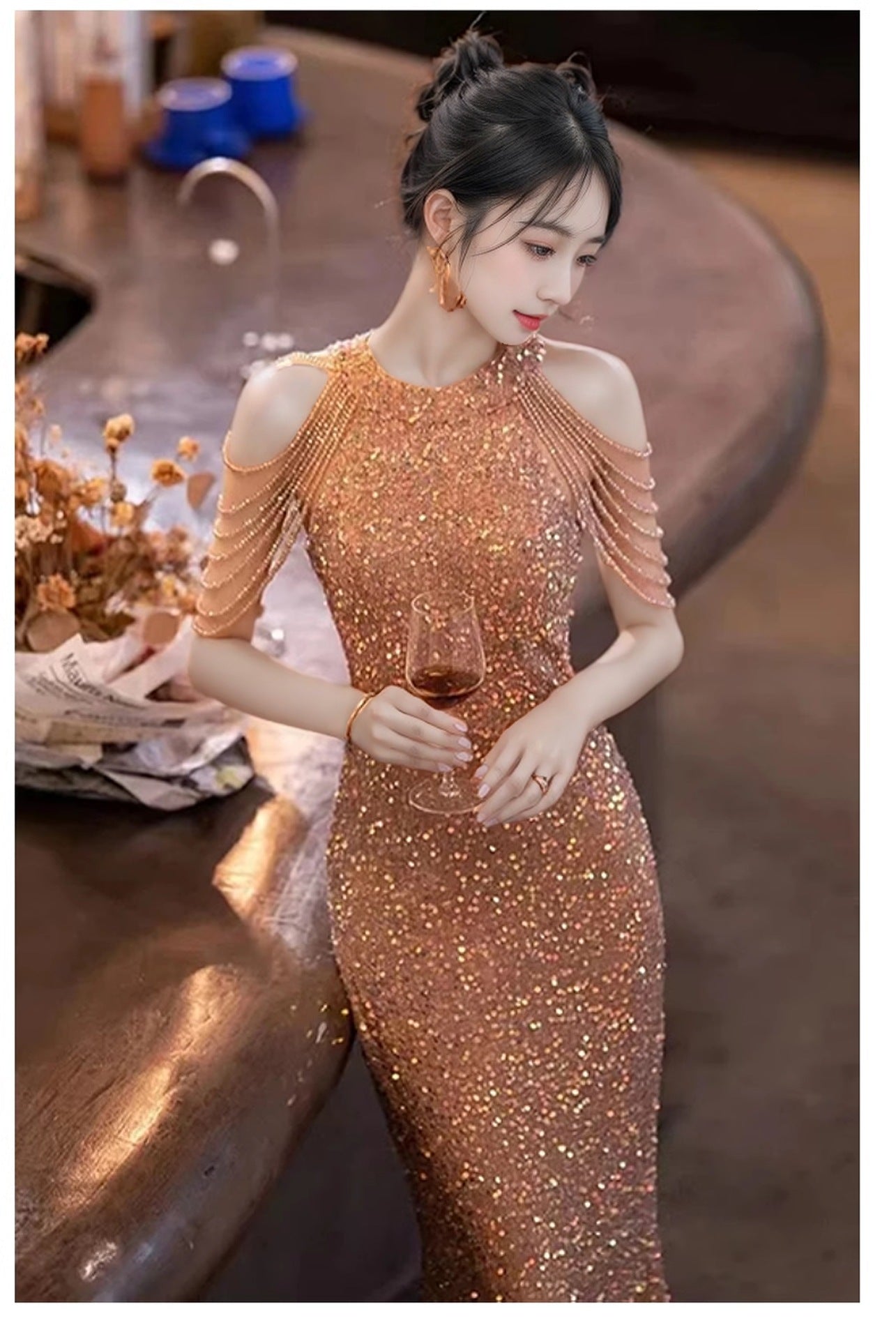 New High-End Dress New Light Luxury Minority High Sense Banquet Temperament Socialite Host Fishtail Dress Evening Dress