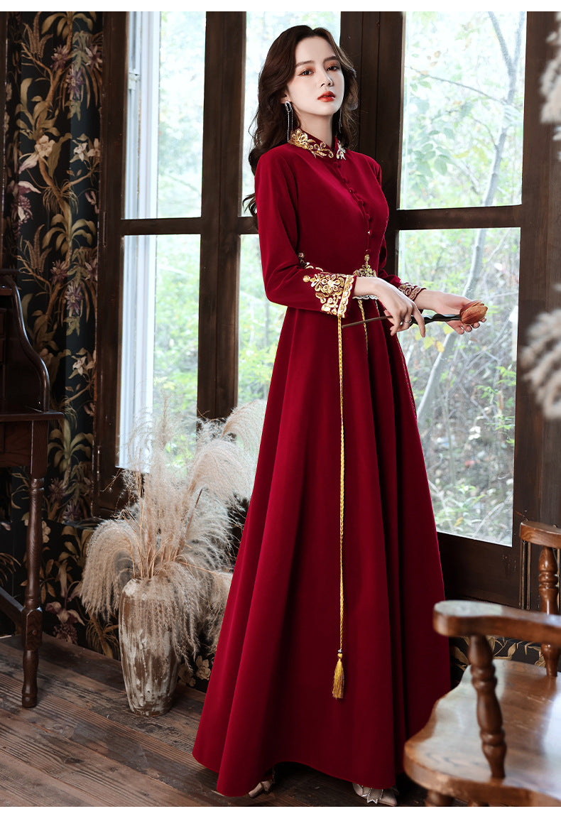 Toast Dress Bride 2024 New Autumn Velvet Chinese Style Wedding Evening Dress Engagement Back-to-Door Banquet Toast