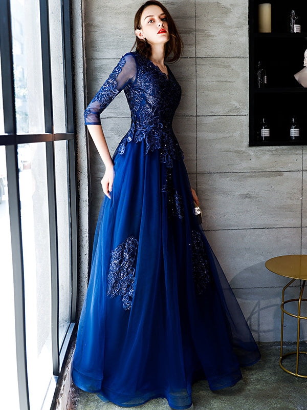 Dinner Dress Ball Dresses Gala Gown Blue Lace Flower Banquet Evening Dress Women'S Fashion New Long Art Exam Host Birthday Party H2932