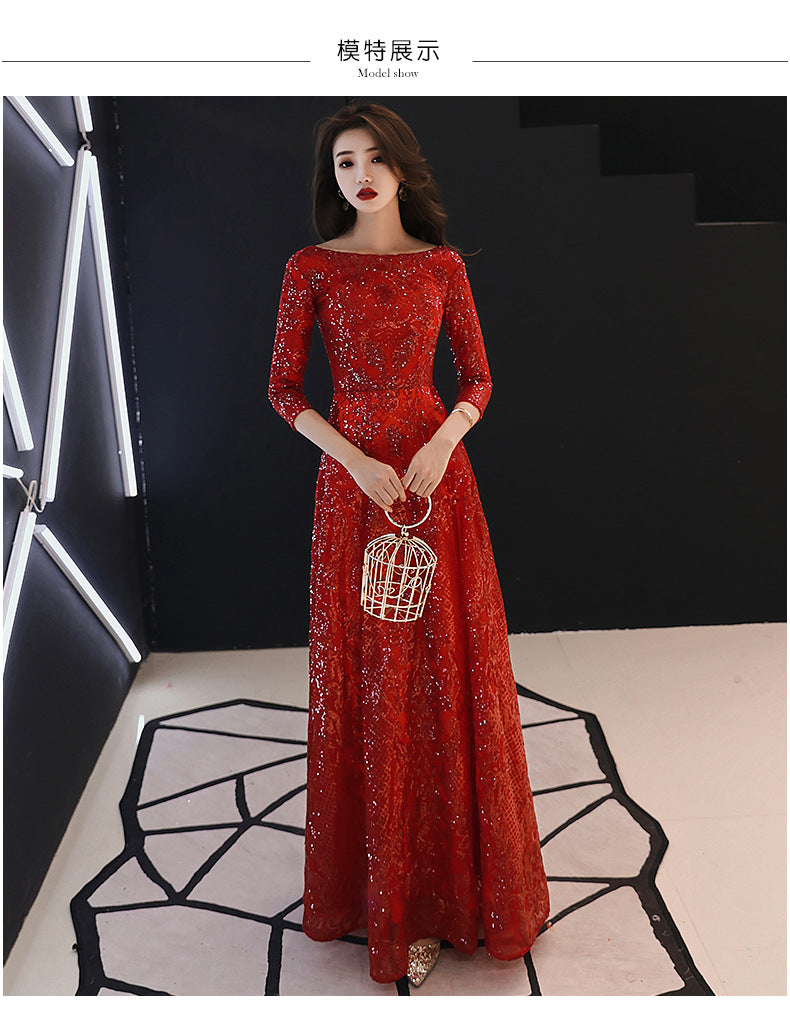 Bridal Toast Clothing 2024 Summer New Wine Red Marriage Engagement Back-to-Door Long Dinner Chinese Style Toast Dress