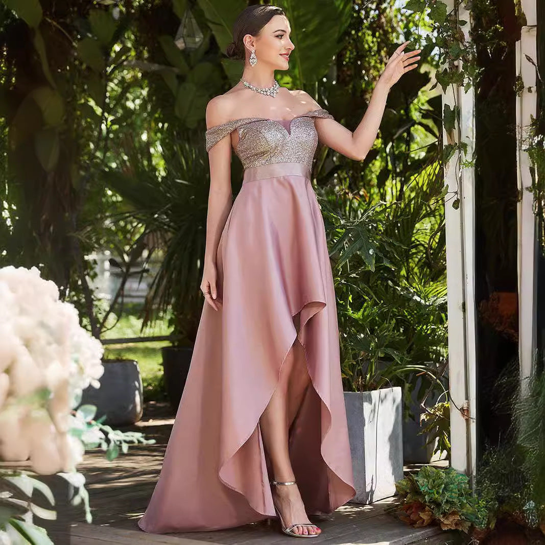 Europe and America Cross Border Foreign Trade off-Shoulder Evening Dress off-Shoulder Sequins High-End Banquet Graceful Satin Dress Small Tail