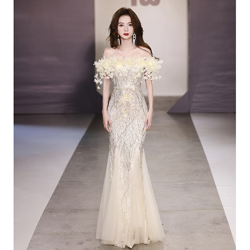 Fishtail Evening Dress 2024 off-Shoulder High-End Affordable Luxury Niche High-End Host Sequined Annual Meeting Dinner Flash