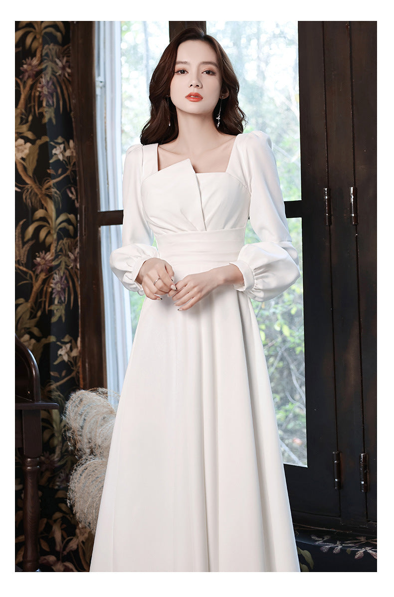 2024 Spring White Dress High-End Wedding Party Simple Graceful Square Collar Dress Spring and Autumn Women