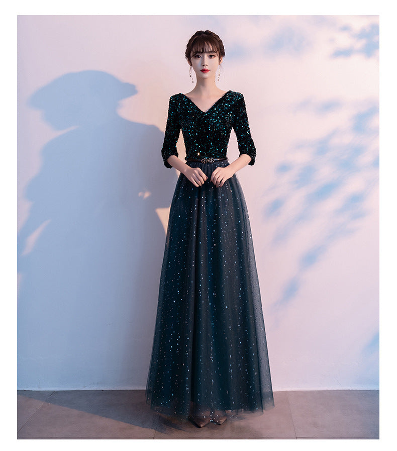 Dark Green Annual Party Evening Dress 2024 Autumn New Fashion Sexy V-neck Banquet Host Long Dress