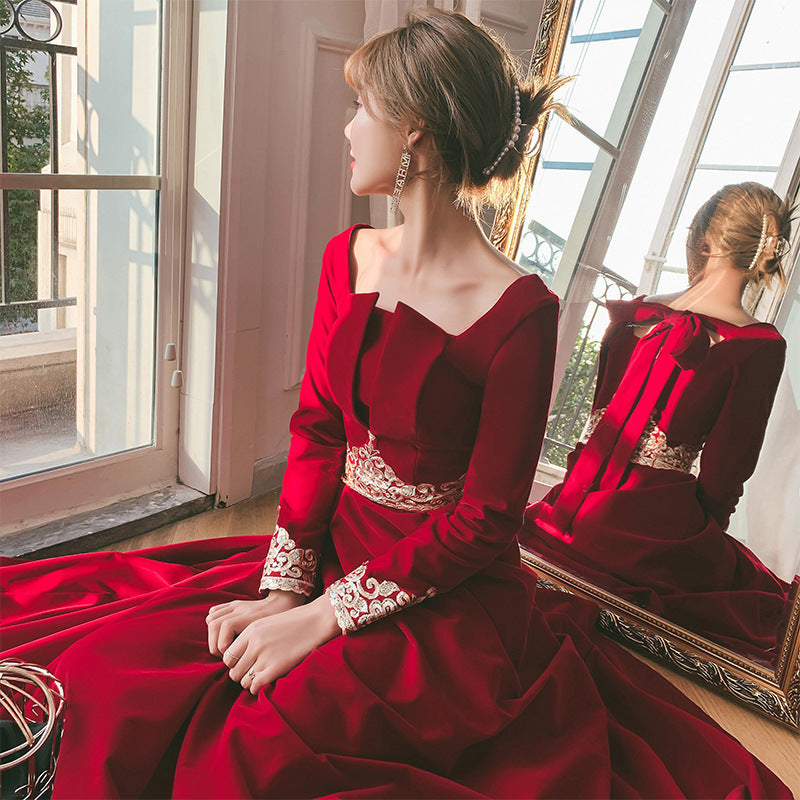 Toast Dress Bride 2024 New Autumn Velvet Long-Sleeved Red Back-to-Door Dinner Dress Marriage Engagement Toast