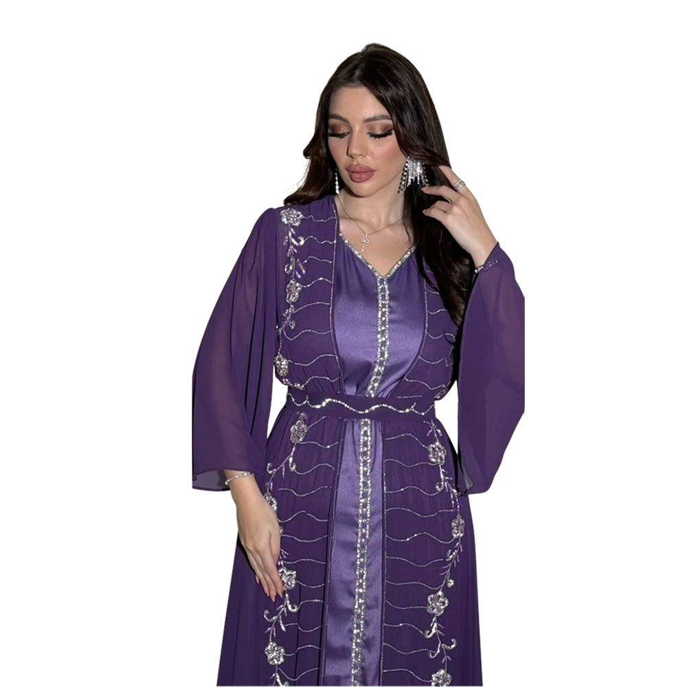 Xqy500261 Amazon Four Seasons Commuter Vest + Coat Dress Chiffon Rhinestone Muslim Suit Robe