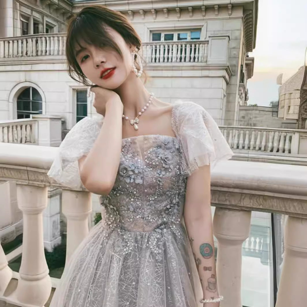 Gray Evening Dress for Women 2024 New High-End Banquet Fairy Temperament Birthday Vocal Music Art Test Dress Light Luxury Minority