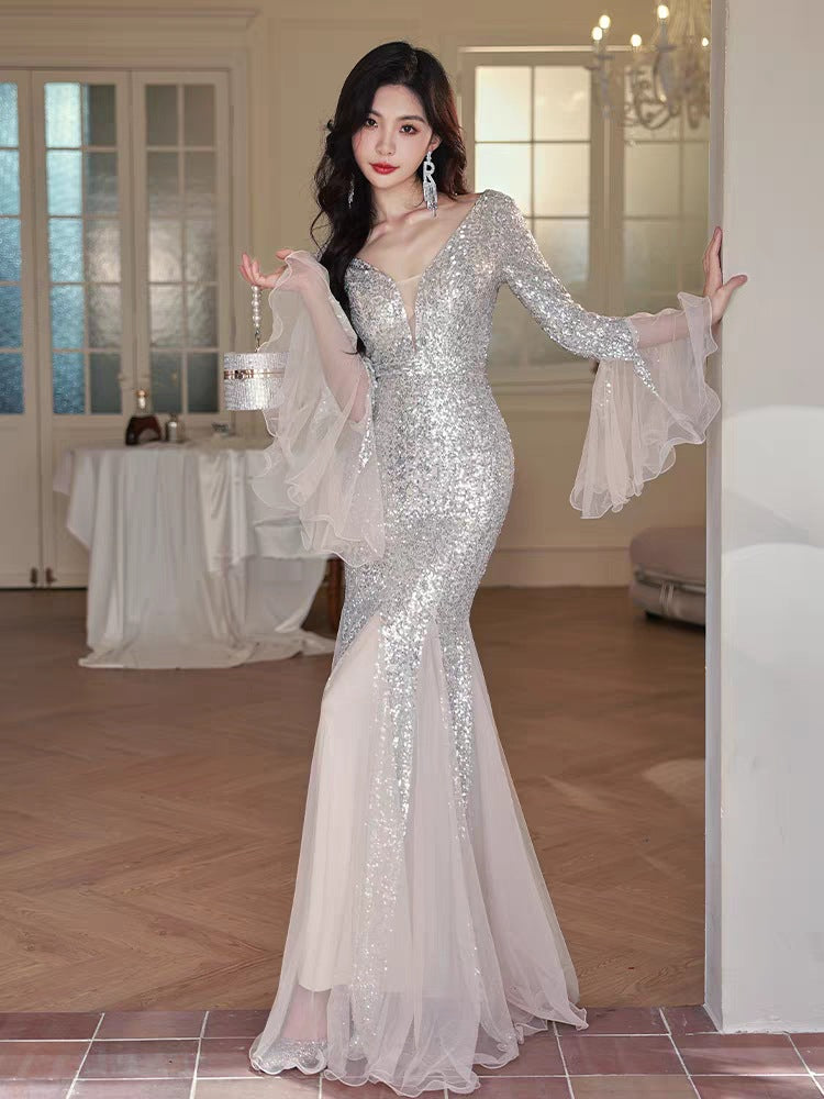 Silver Heavy Industry Evening Dress for Women 2024 New Ladies Banquet Temperament Annual Meeting Host Sexy Fishtail High Sense