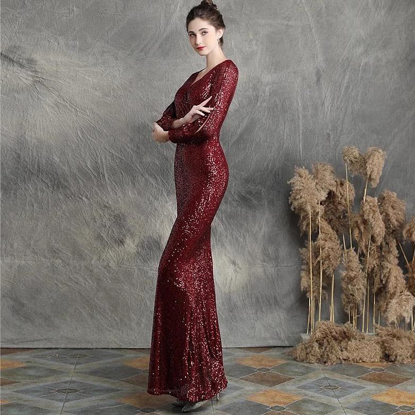 4645 Sequined Evening Dress New High-End Toast Dress Sexy Deep V Temperament Fishtail Host Banquet Dress