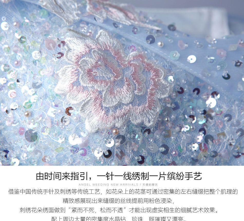Super Fairy Wedding Dress 2024 Autumn Blue Flower Art Exam Catwalk Fashion Trend Foreign Trade Banquet Evening Dress for Women