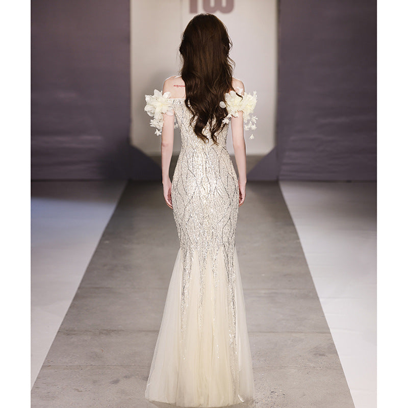 Fishtail Evening Dress 2024 off-Shoulder High-End Affordable Luxury Niche High-End Host Sequined Annual Meeting Dinner Flash