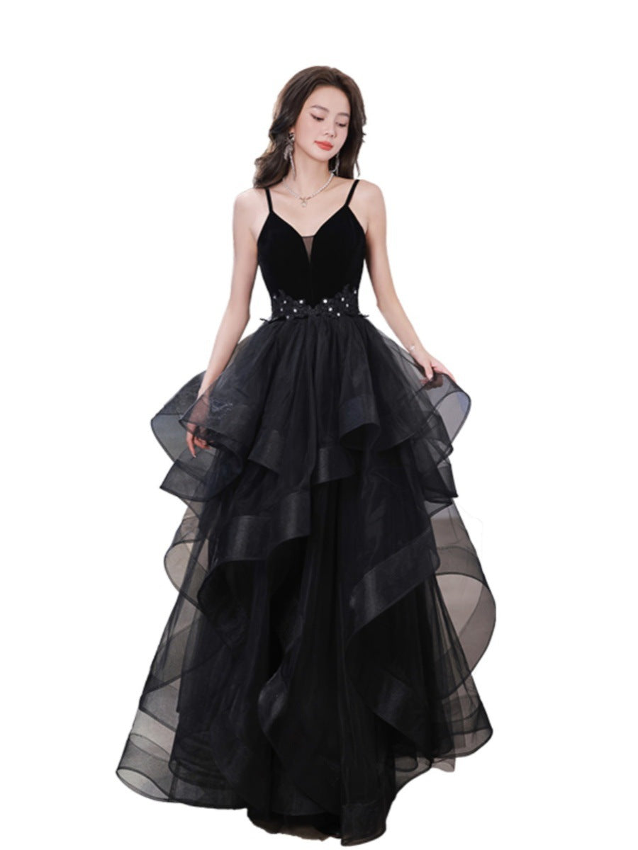 Prom dress French Evening Dresses Women's Black Mesh Hepburn Style Host Princess Long Gown H89920