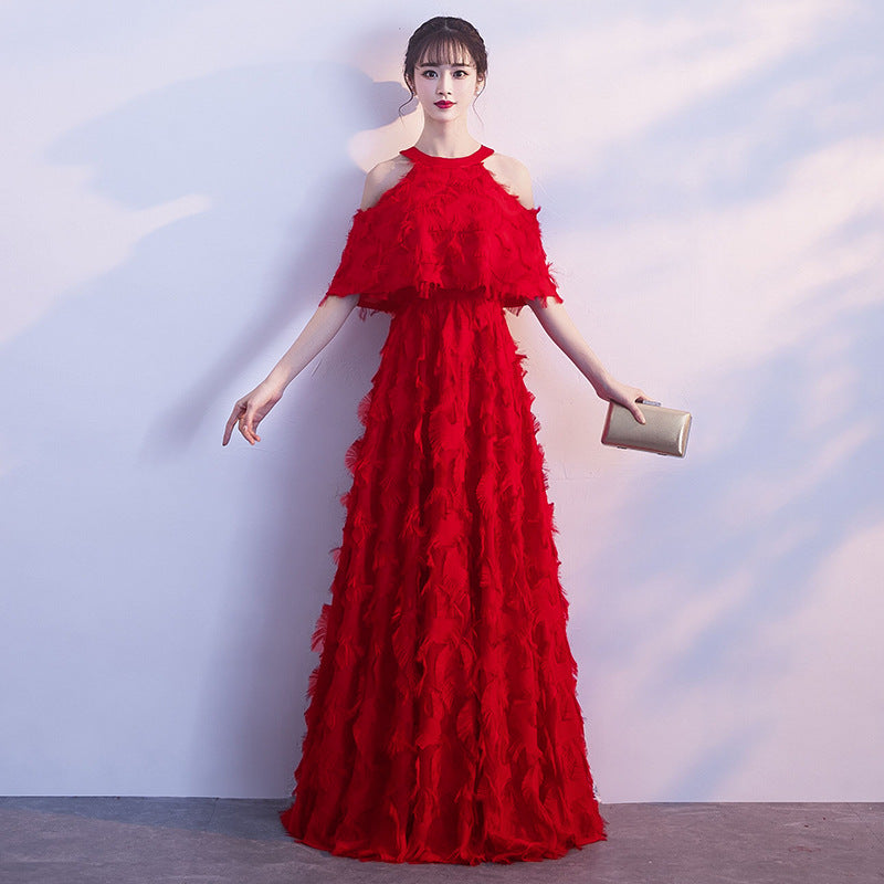 Halter Banquet Evening Dress Dress Women's 2024 Autumn New Elegant Long Slimming Solo Art Exam Pink Bridesmaid