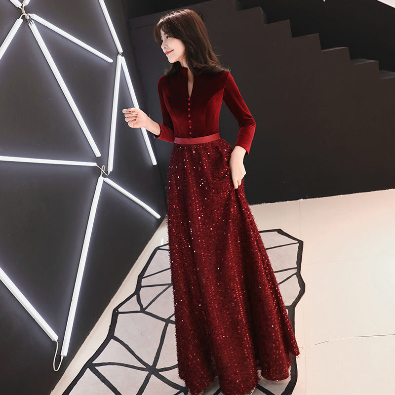 Evening Dress for Women 2024 New Elegant Toast Dress Wine Red Bride Elegant Long Sleeve Wedding Clothes Autumn