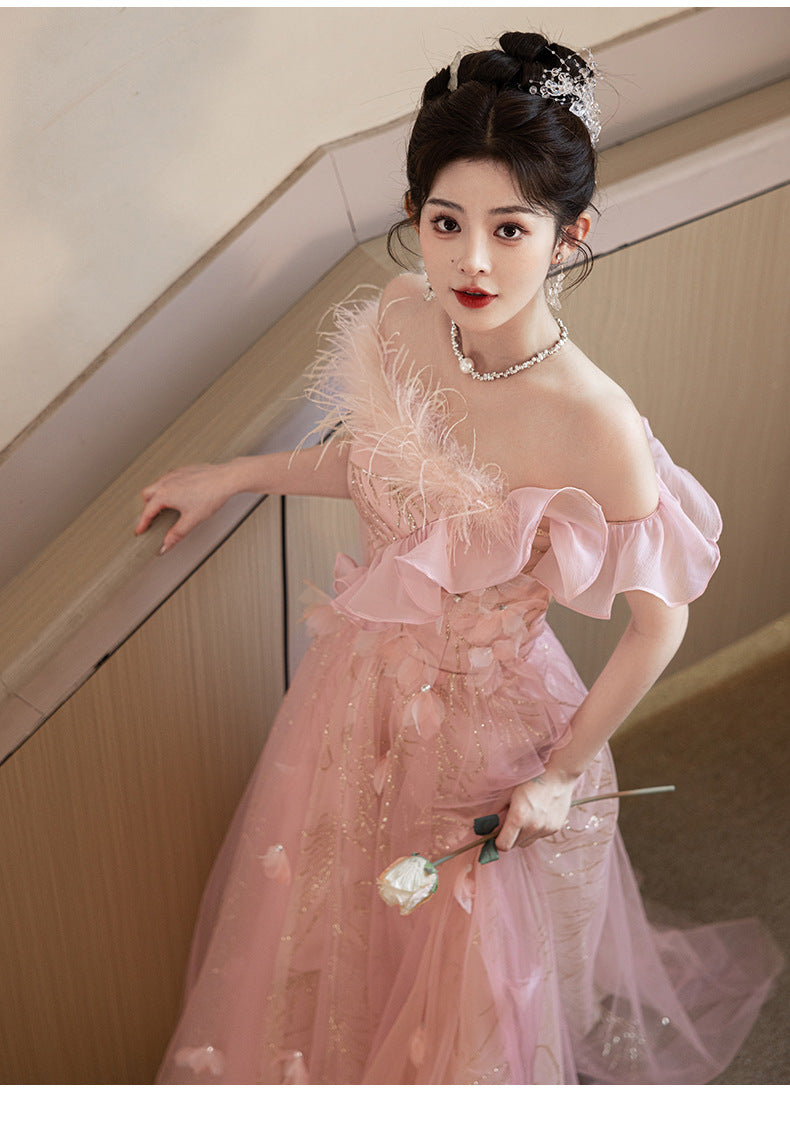 off-Shoulder Evening Dress Female Banquet Temperament Socialite High-End Affordable Luxury Niche Host Engagement High-Grade Pink