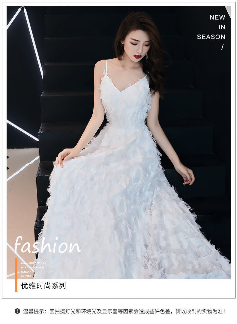 2024 Little Evening Dress Female White Elegant Graceful Fairy Banquet Birthday Party Host Everyday Dress Long