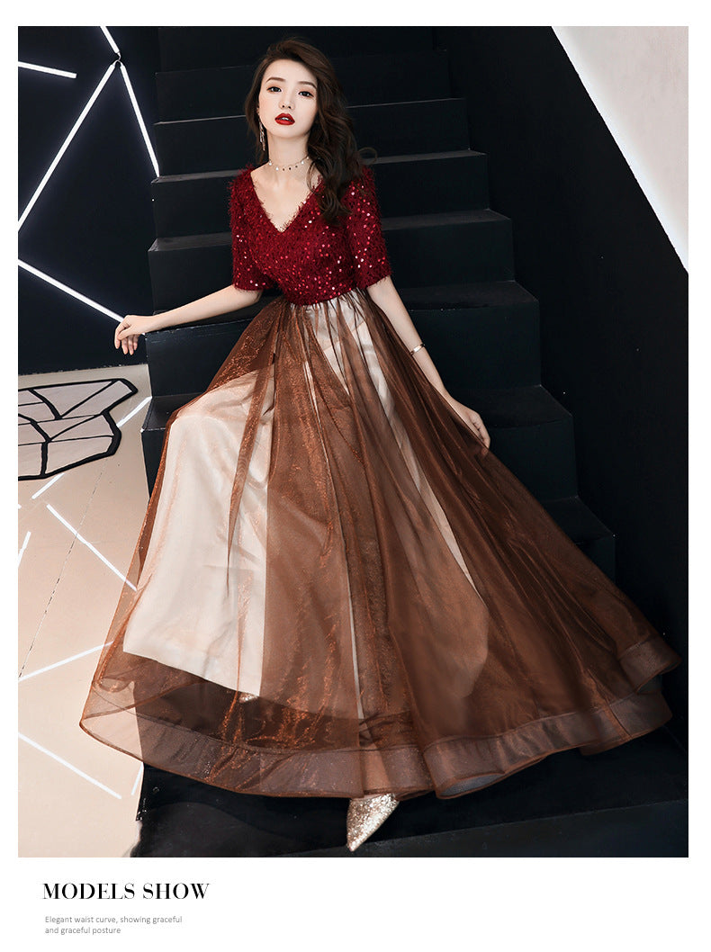 Summer Evening Dress for Women Banquet Temperament Annual Meeting Long Style 2024 New Modern Socialite Host Wine Red Autumn