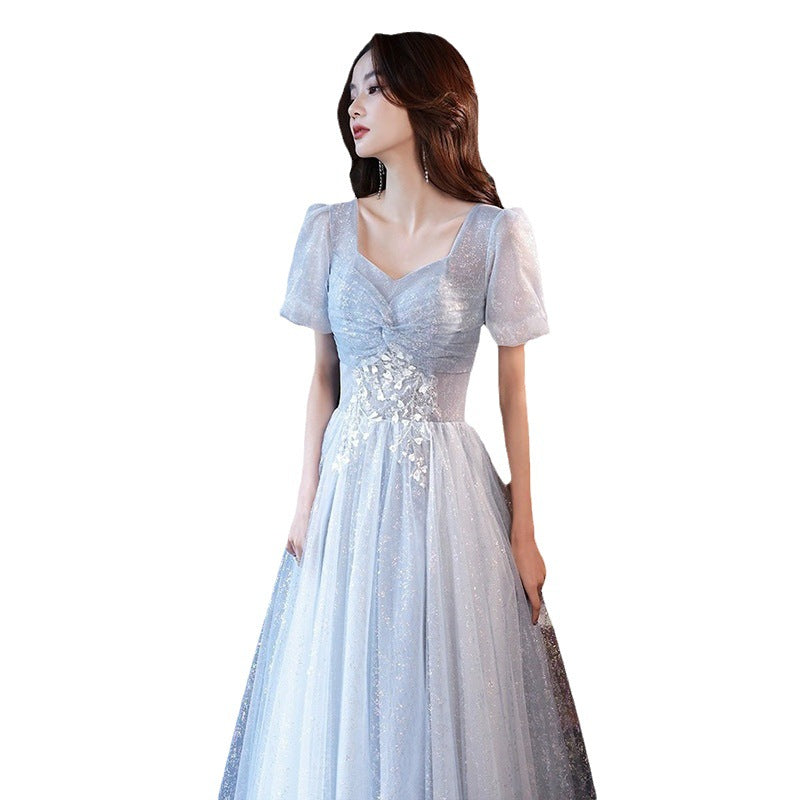 Art Exam Evening Dress Man Blue Female Banquet Temperament Vocal Music Host Costume Socialite Princess Style Dress