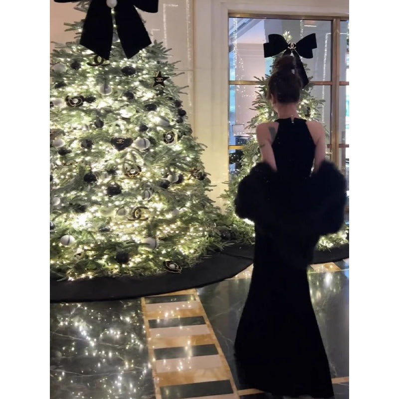 Evening Dress Light Luxury Minority High-End Temperament Socialite Hepburn Wind Black Pure Desire Split Sexy Halter Dress