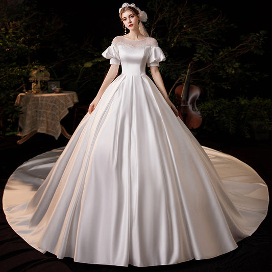Satin Primary Wedding Dress2022New off-Shoulder Temperament Bride Mori Style Simple Hepburn Length Trailing Skirt TD72