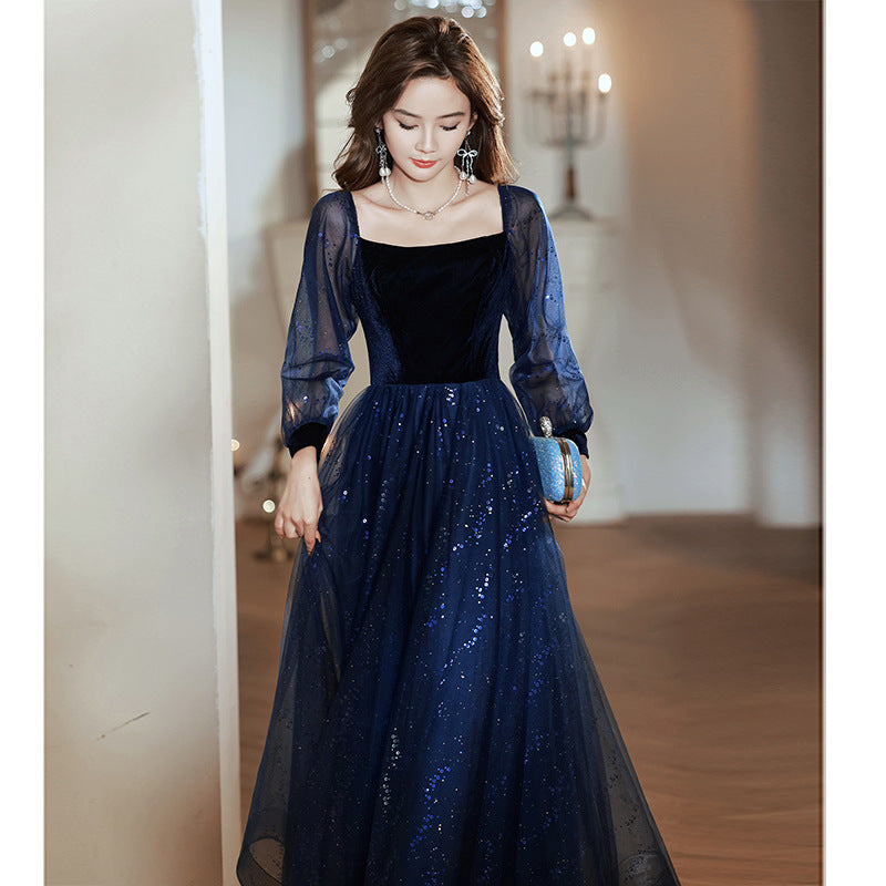 Women's Long-Sleeved Evening Dress for Banquet, High Sense High-End Affordable Luxury Niche Blue Sequined Conductor Chorus Solo Performance Costume