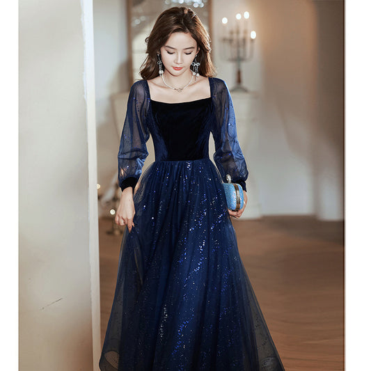 Women's Long-Sleeved Evening Dress for Banquet, High Sense High-End Affordable Luxury Niche Blue Sequined Conductor Chorus Solo Performance Costume