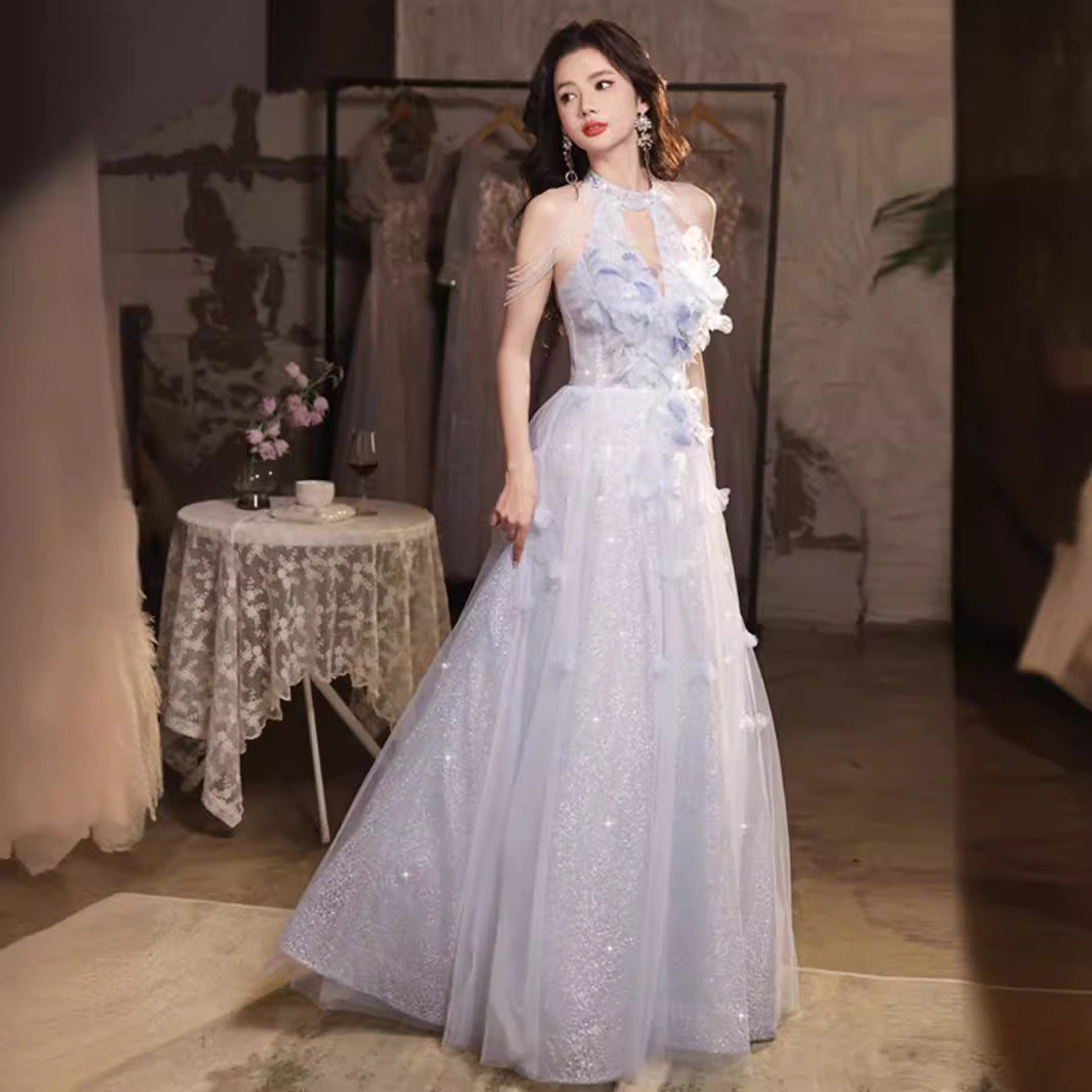 Wedding Dress Evening Dress for Women Light Luxury Minority High-End Blue Graduation High School Beautiful Umbrella Princess Dress Adult Ceremony Girl