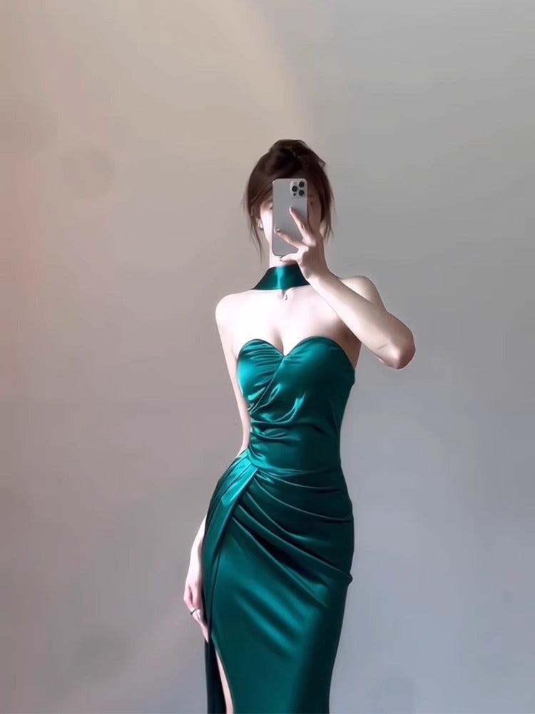 Birthday Dress High-Grade Evening Dress High-End Affordable Luxury Niche Toast Dress Socialite Satin Tube Top Halter Dress