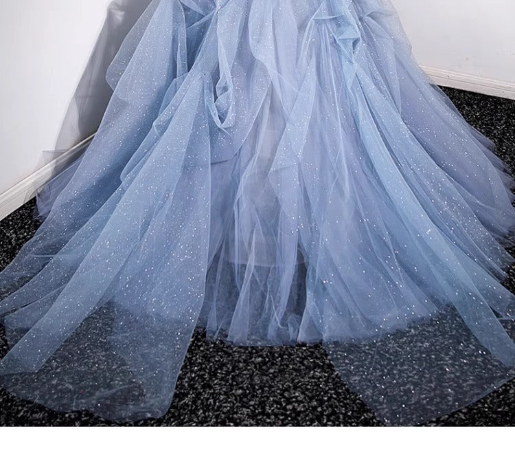 off-Shoulder Evening Dress Haze Blue Piano Performance Adult Ceremony Wedding Dress Bel Canto Solo Blue Gauze Skirt Art Test H2839