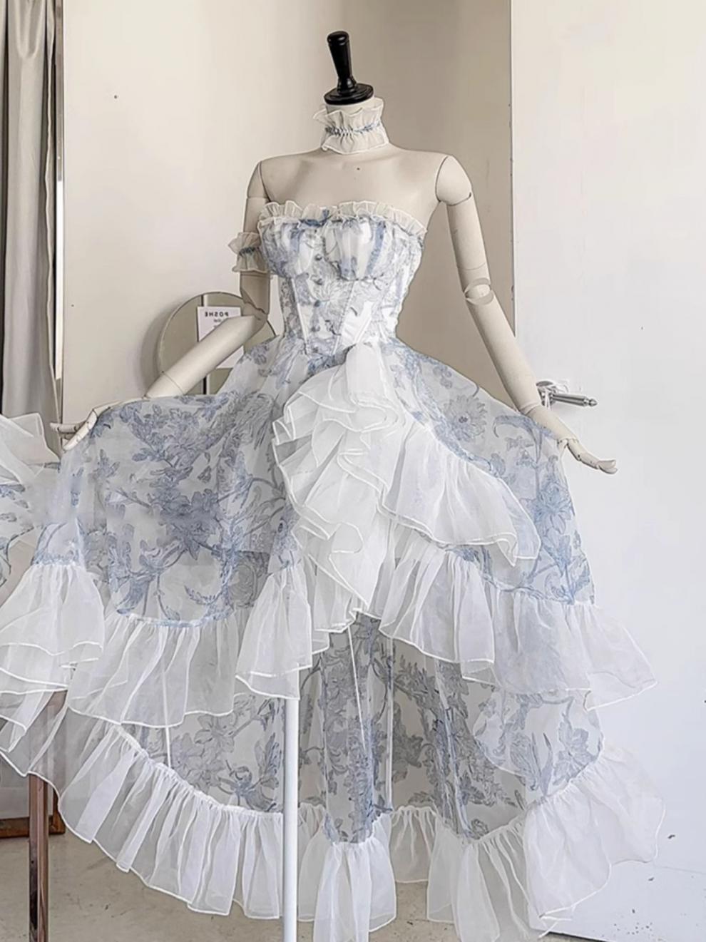 French Blue Floral Strapless Dress Women's Summer Princess Vintage Vintage Lolita Dress