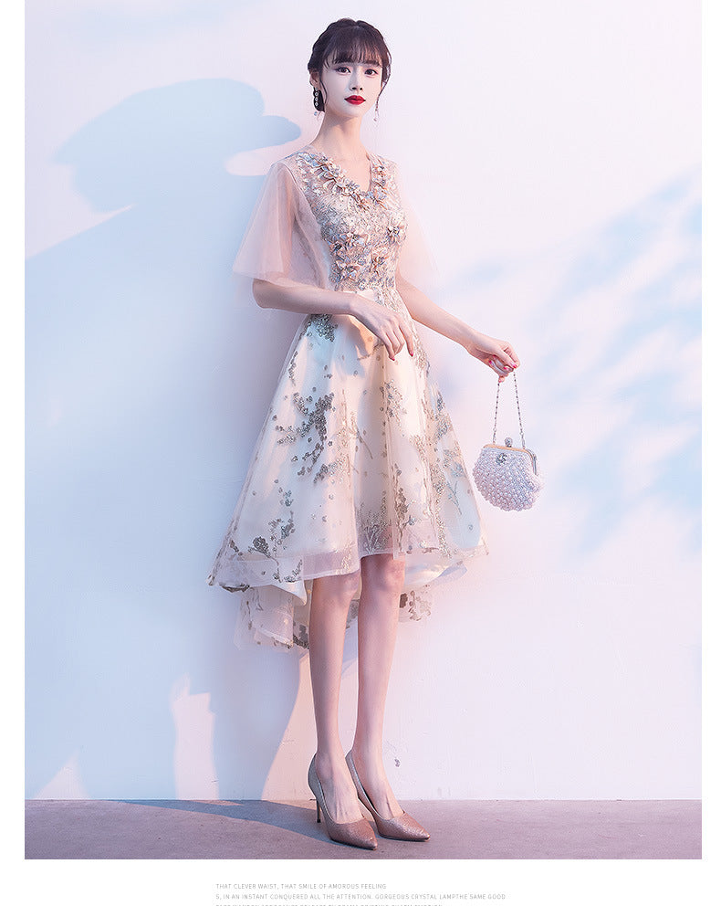Evening Dress for Women Banquet Temperament Fairy Light Luxury Minority High-End Host Short Front Short Back Length Dress