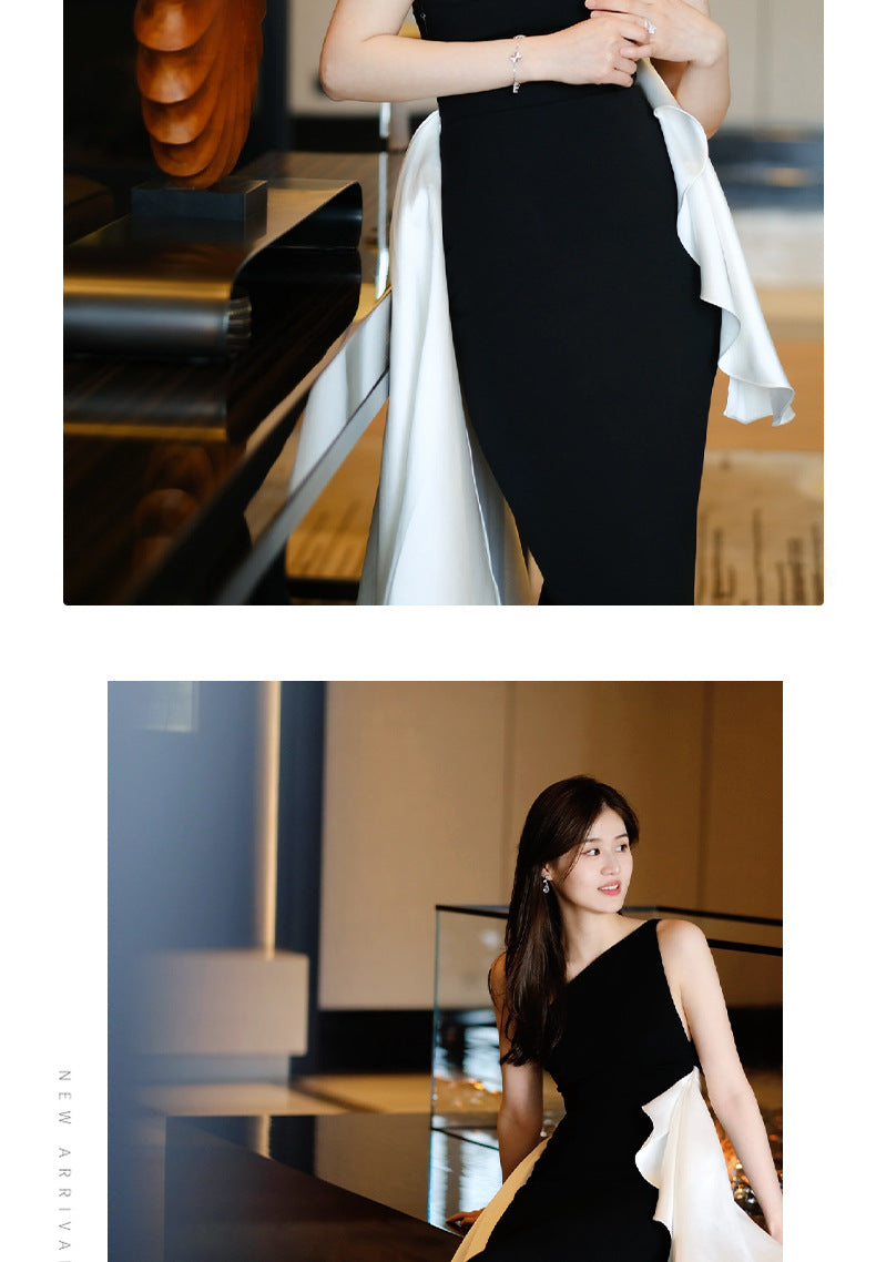 Black Banquet Evening Dress Birthday Slim Light Luxury Minority Temperament One Shoulder Fishtail Small Dress Host Dress