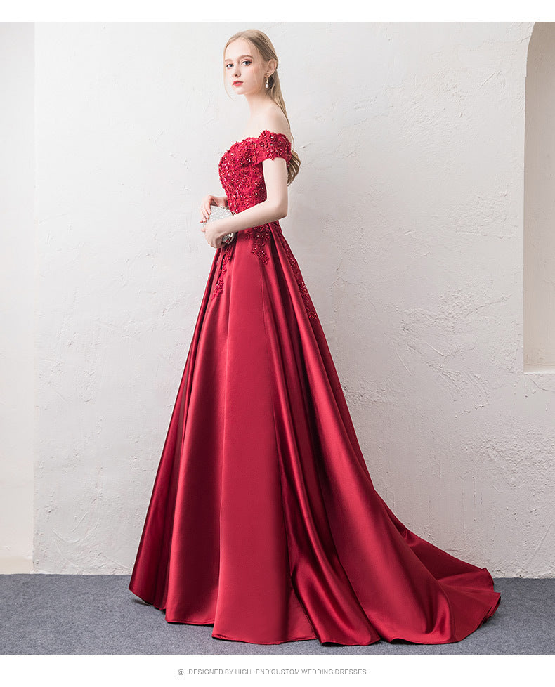 off-Shoulder Wine Red Toast Dress Bride 2024 New Marriage Engagement Wedding Family Visiting Shoes Banquet Evening Dress