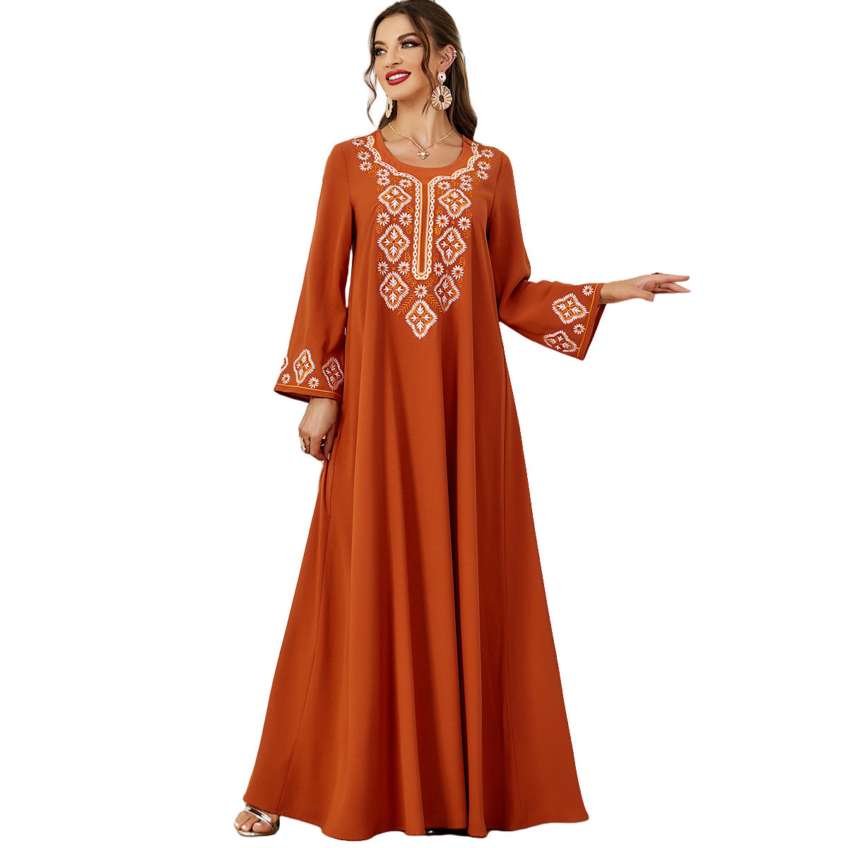 3567 Muslim Women's Wear Solid Color Embroidery Muslim Middle East Women's Clothing Arab Dress Long Sleeve Dress