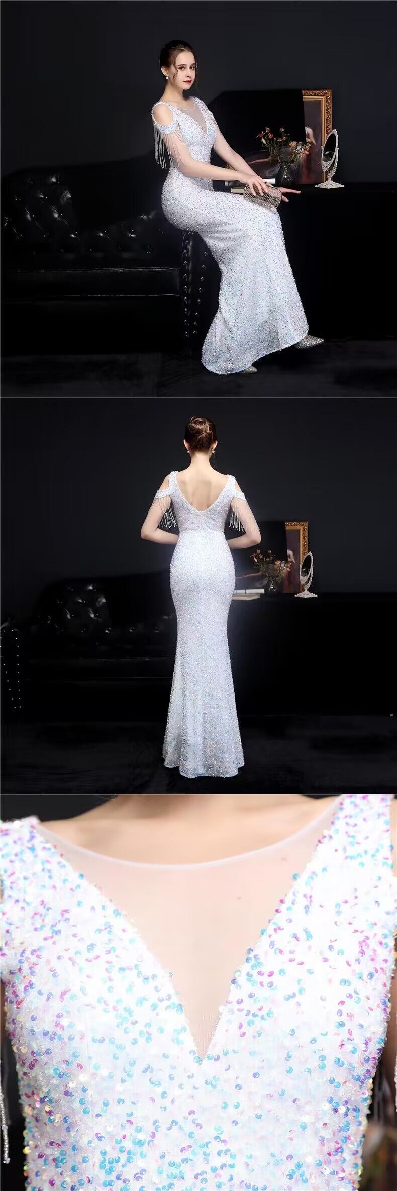 3185 Heavy Industry Evening Dress Women's New Banquet Temperament High-End Fishtail Host Socialite Light Luxury Minority High-End