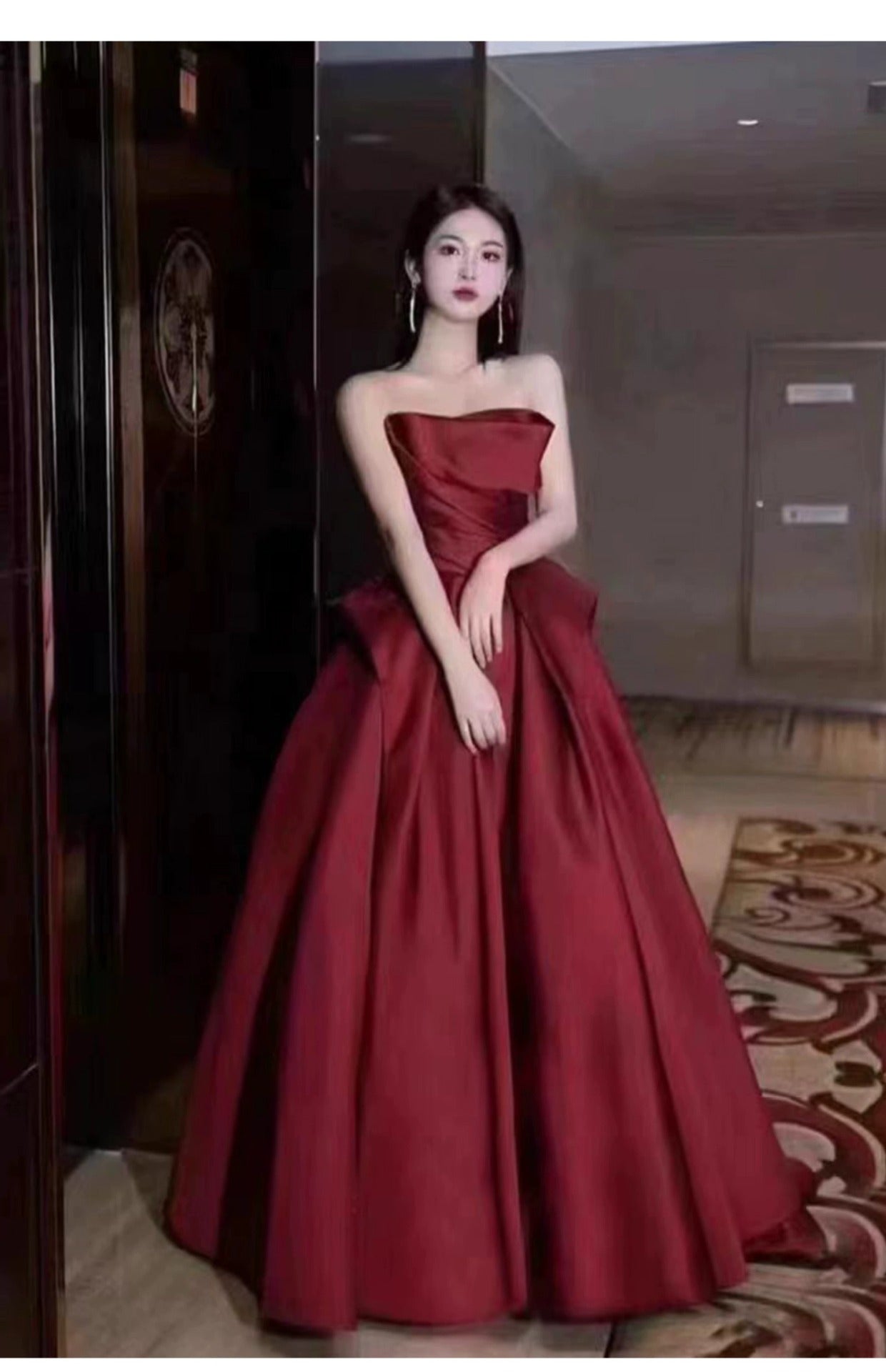 Wine Red Tube Top High-End Bridal Toast Clothing Satin High-End Sense Wedding Evening Dress Host Performance Costume Long