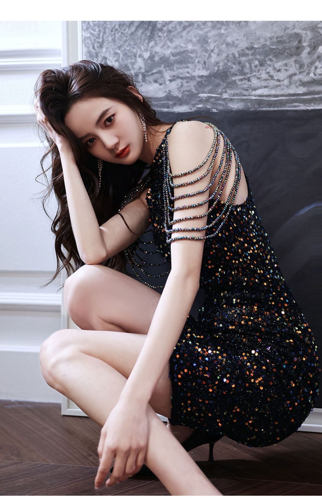 Black Evening Party Dress Sequined New Banquet Short-Length Halter Fishtail Socialite Gathering Temperament Host Jumpsuit Skirt