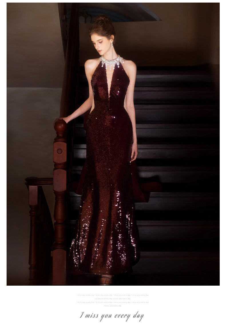 Sequined Toast Dress for Bride Wine Red Engagement Banquet Temperament Long Halter-Style Heavy Work Fishtail Evening Dress for Women