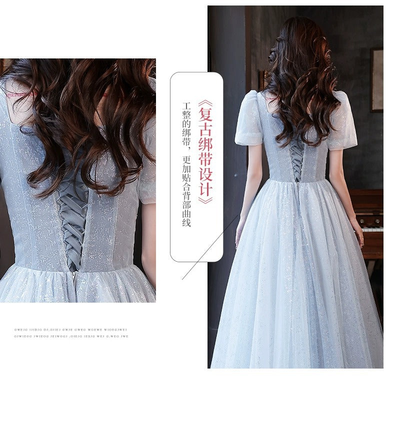 Art Exam Evening Dress Man Blue Female Banquet Temperament Vocal Music Host Costume Socialite Princess Style Dress