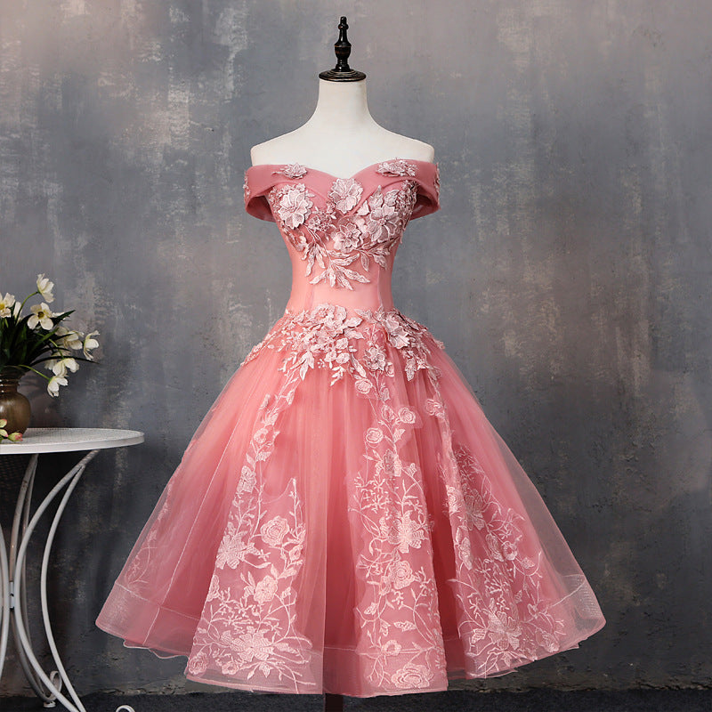Evening Dress Short Pettiskirt Spring Pink Wedding Bridesmaid Dress off-Shoulder Short Sleeve Slimming Host Dress for Women