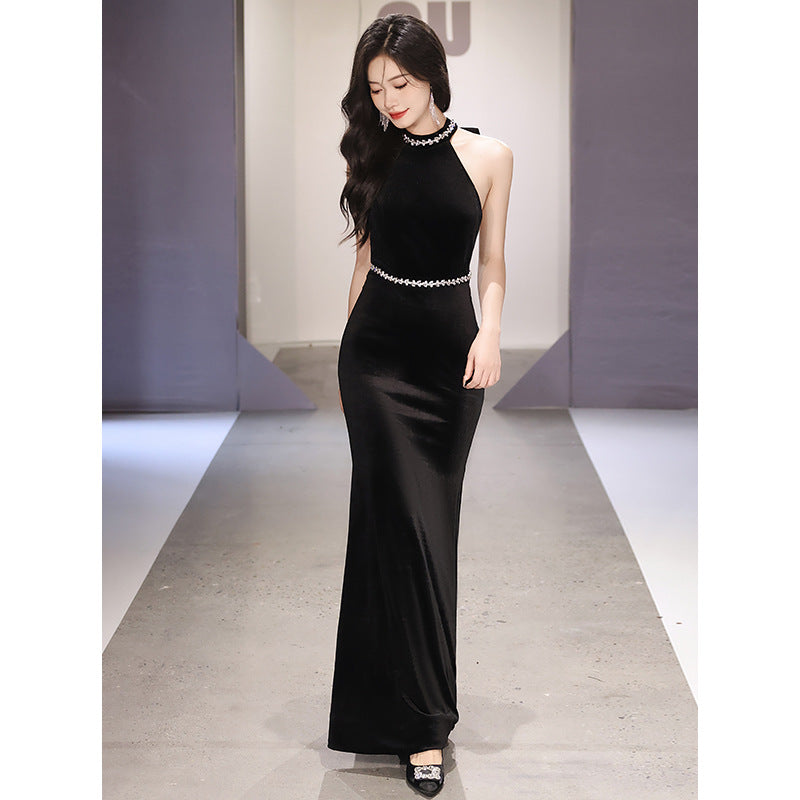 Black Evening Dress 2024 New High-End Temperament Socialite Halter Host Annual Meeting Fishtail Gown Dress