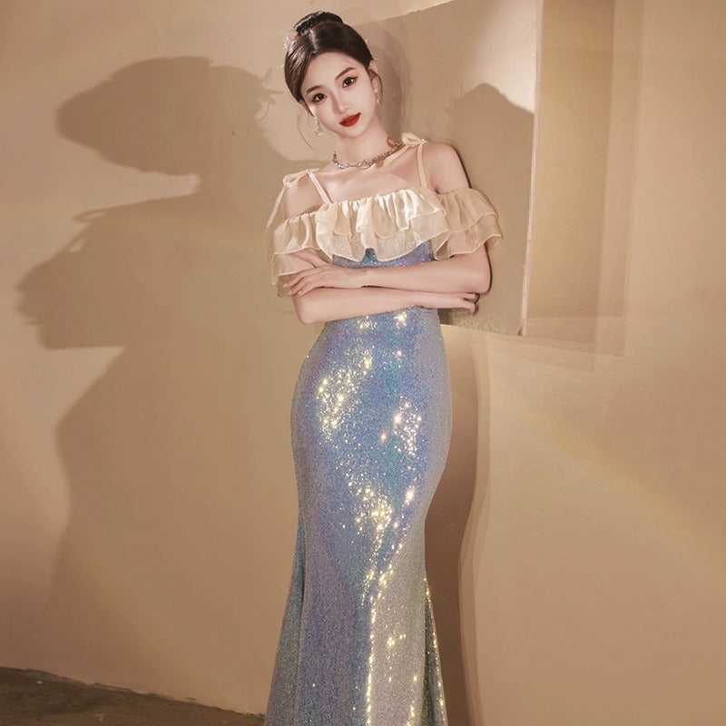 off-Shoulder Blue Mermaid Evening Dress 2024 New Engagement Wedding Bride Toast Dress Host Fish Tail Figure Flattering