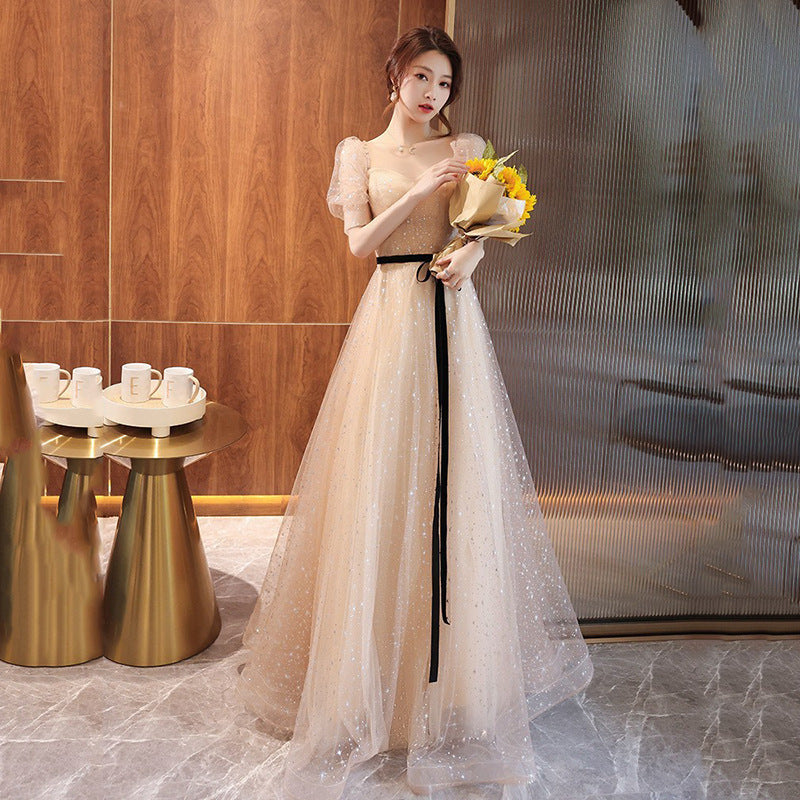 Banquet Evening Dress 2024 New Ladies Banquet Champagne Fairy Temperament Female Host Student Art Exam Dress