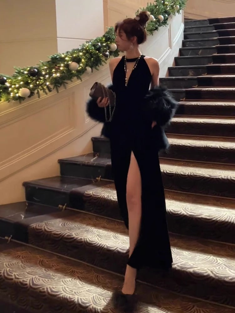 Evening Dress Light Luxury Minority High-End Temperament Socialite Hepburn Wind Black Pure Desire Split Sexy Halter Dress
