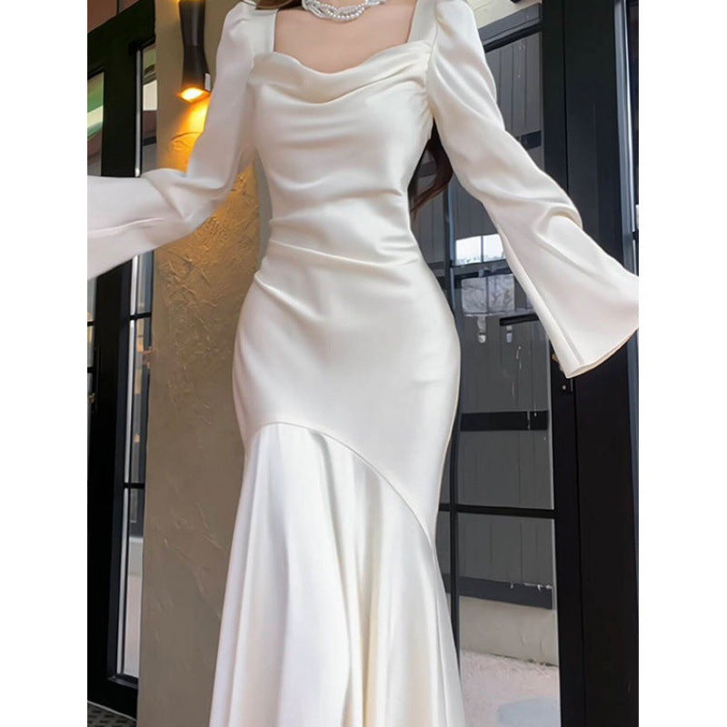 French Style Long Sleeve Fishtail Dress Early Spring High-End Satin Collar White Dress Engagement Dress Wedding Morning Gowns