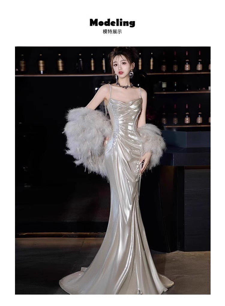 Silver Shiny Evening Dress Morning Gowns 2024 New High-End Sense Light Luxury Minority Birthday Party Sling Toast Dress